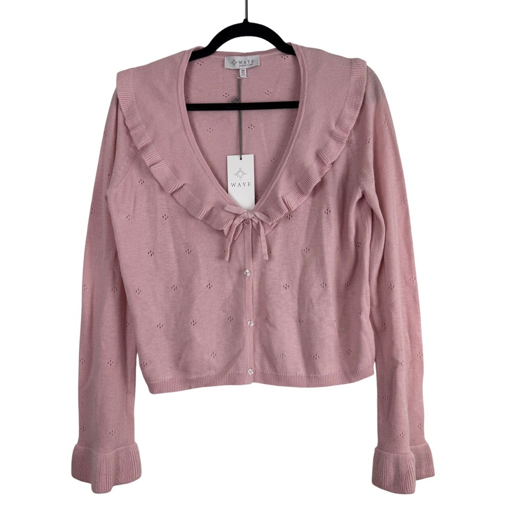 WAYF Pink Pointelle Ruffle Collar Bow Cardigan Sweater Medium NWT Balletcore
